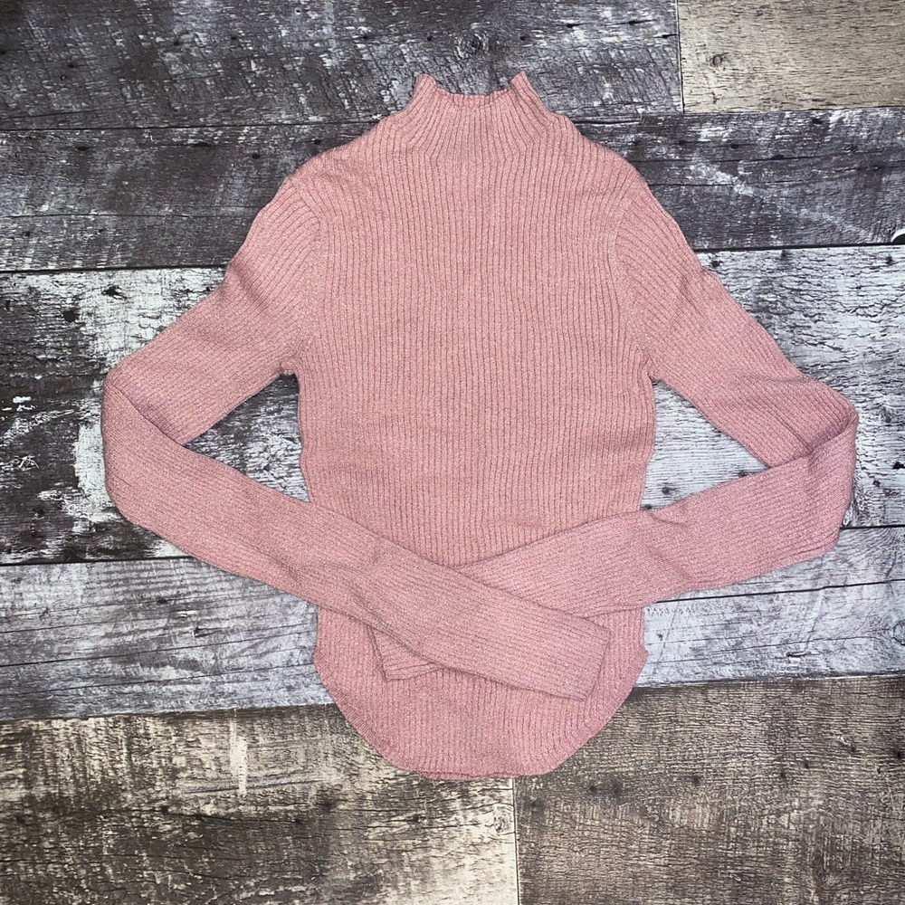 Pink Ribbed Shimmer Turtleneck Top